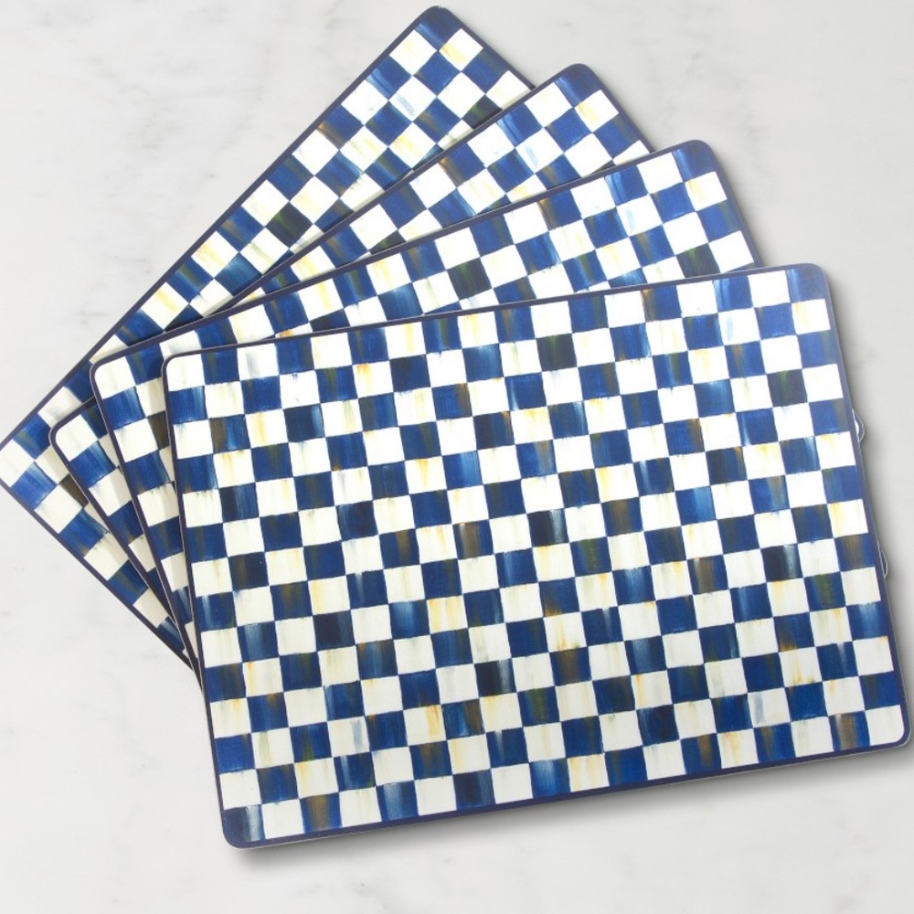 MacKenzie-Childs NWOT Blue and White Royal Check Cork Back Placemats Set of 4